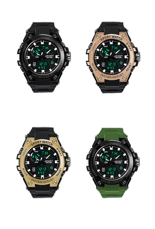 4 Relojes de Pulsera Eccdo 111 de Cuerpo Color Negro, Analógico-Digital, para Hombre, Subesferas Color Negro y gris, Luz Celeste y Hebilla Simple Mayoreo