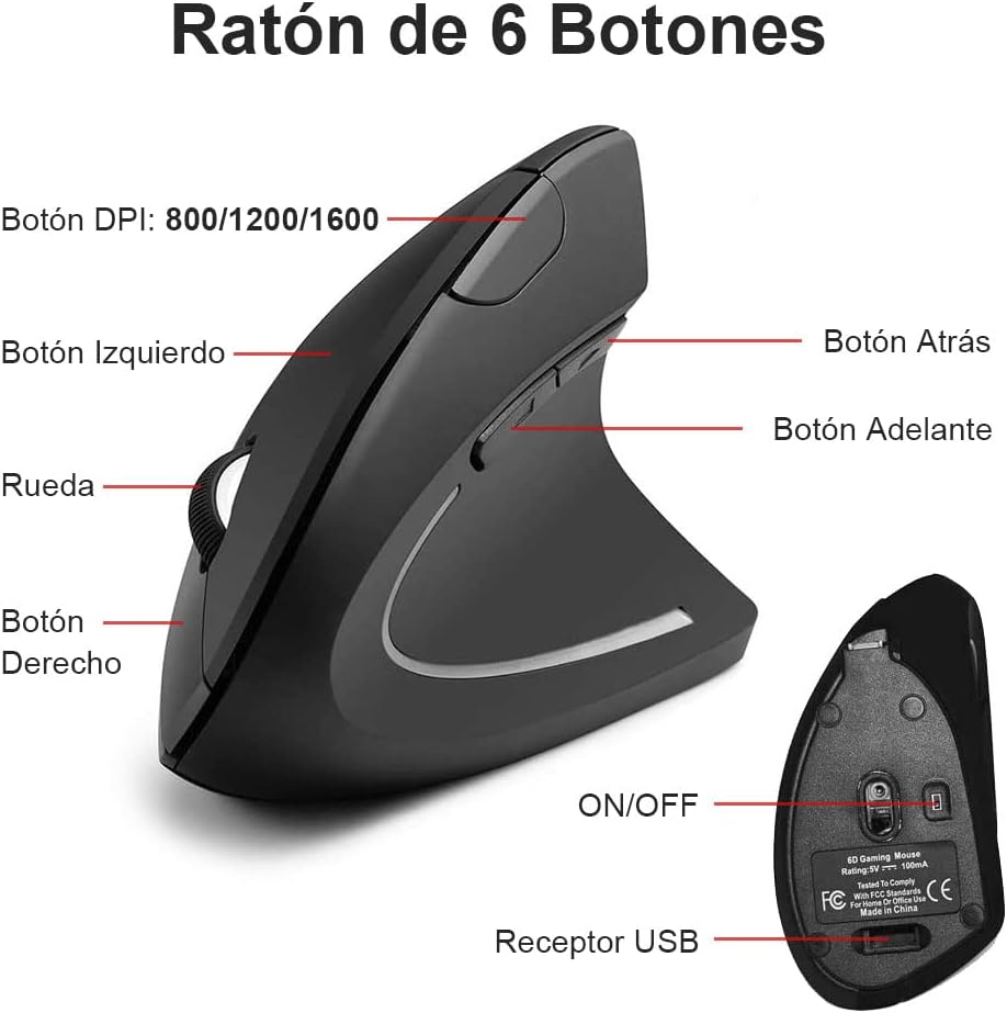 Mouse sem fio ergonômico recarregável de 5 unidades, mouse óptico vertical de 2,4 GHz com 3 DPIs ajustáveis ​​com receptor USB, compatível com sistema Windows e Mac