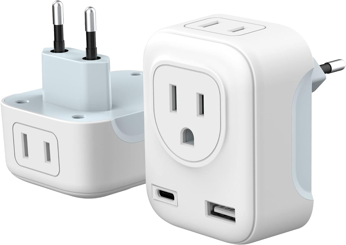 Adaptador de Enchufe Europeo, Cargador de Viaje con Puerto Tipo C y USB, Adaptador Americano a Europeo de Salidas CA por UE, España, Alemania, Francia (Tipo C + USB - Europa)