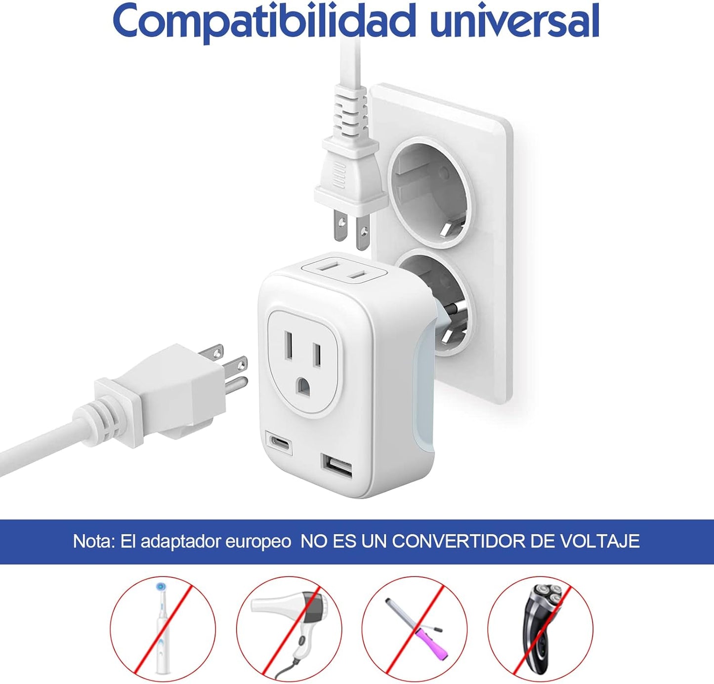 Adaptador de Enchufe Europeo, Cargador de Viaje con Puerto Tipo C y USB, Adaptador Americano a Europeo de Salidas CA por UE, España, Alemania, Francia (Tipo C + USB - Europa)