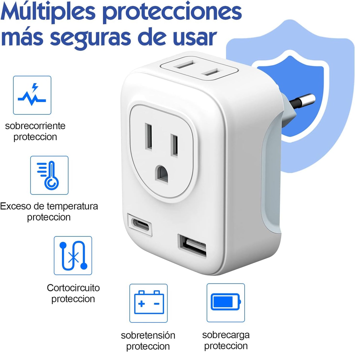 Adaptador de Enchufe Europeo, Cargador de Viaje con Puerto Tipo C y USB, Adaptador Americano a Europeo de Salidas CA por UE, España, Alemania, Francia (Tipo C + USB - Europa)