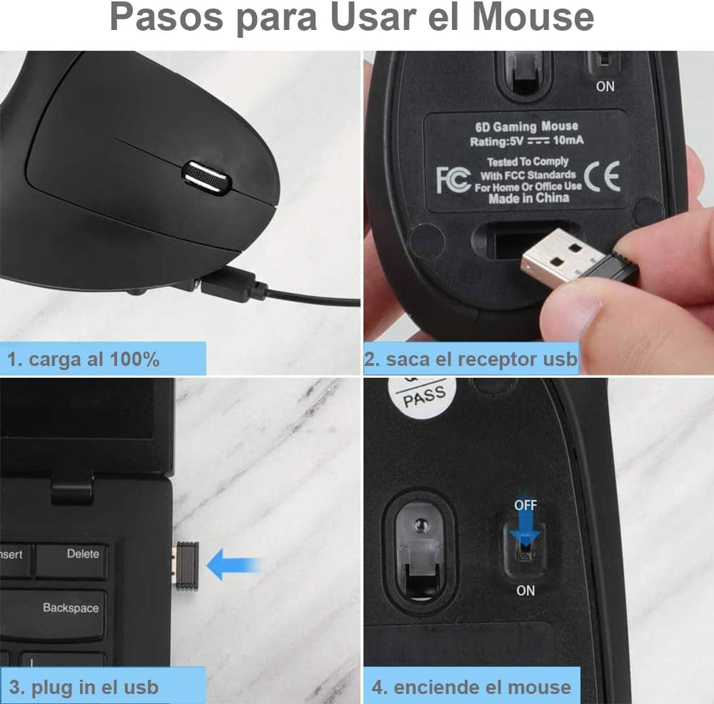 Mouse sem fio ergonômico recarregável de 5 unidades, mouse óptico vertical de 2,4 GHz com 3 DPIs ajustáveis ​​com receptor USB, compatível com sistema Windows e Mac