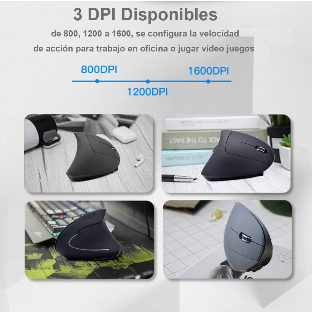 Mouse sem fio ergonômico recarregável de 5 unidades, mouse óptico vertical de 2,4 GHz com 3 DPIs ajustáveis ​​com receptor USB, compatível com sistema Windows e Mac