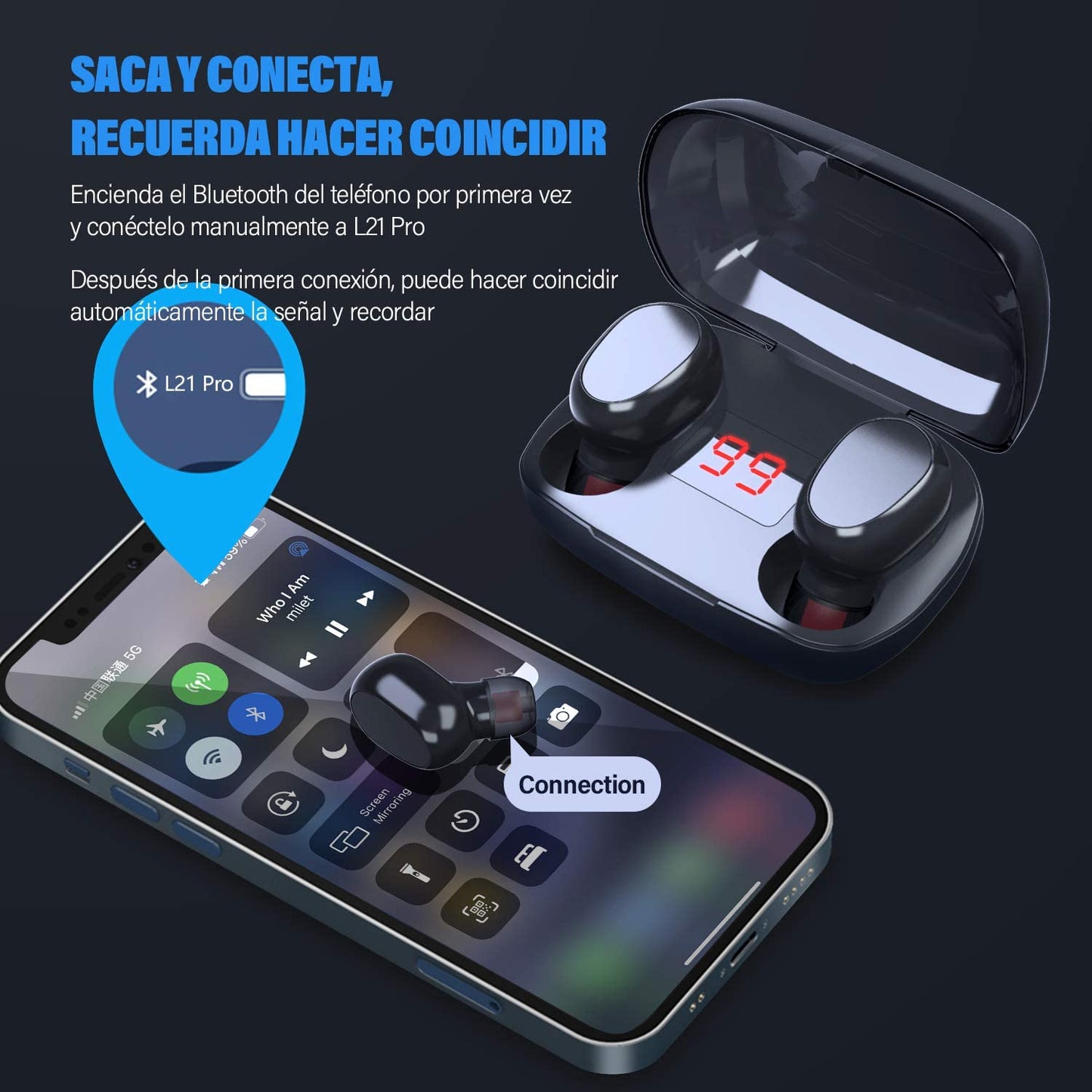 5 Fones de Ouvido bluetooth, L21Pro Entretenimento Sem Fio, à prova d'água e com Redução de Ruído CVC8.0, Mini fones de ouvido esportivos com interface de microfone, Atacado