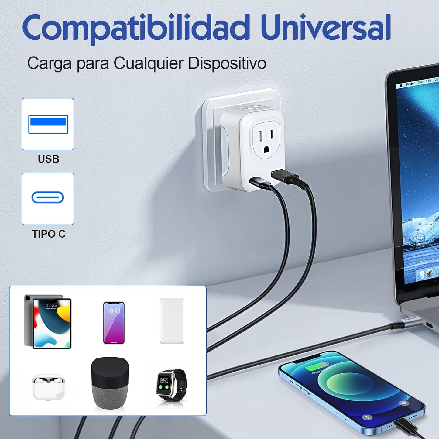 Adaptador de Enchufe Europeo, Cargador de Viaje con Puerto Tipo C y USB, Adaptador Americano a Europeo de Salidas CA por UE, España, Alemania, Francia (Tipo C + USB - Europa)