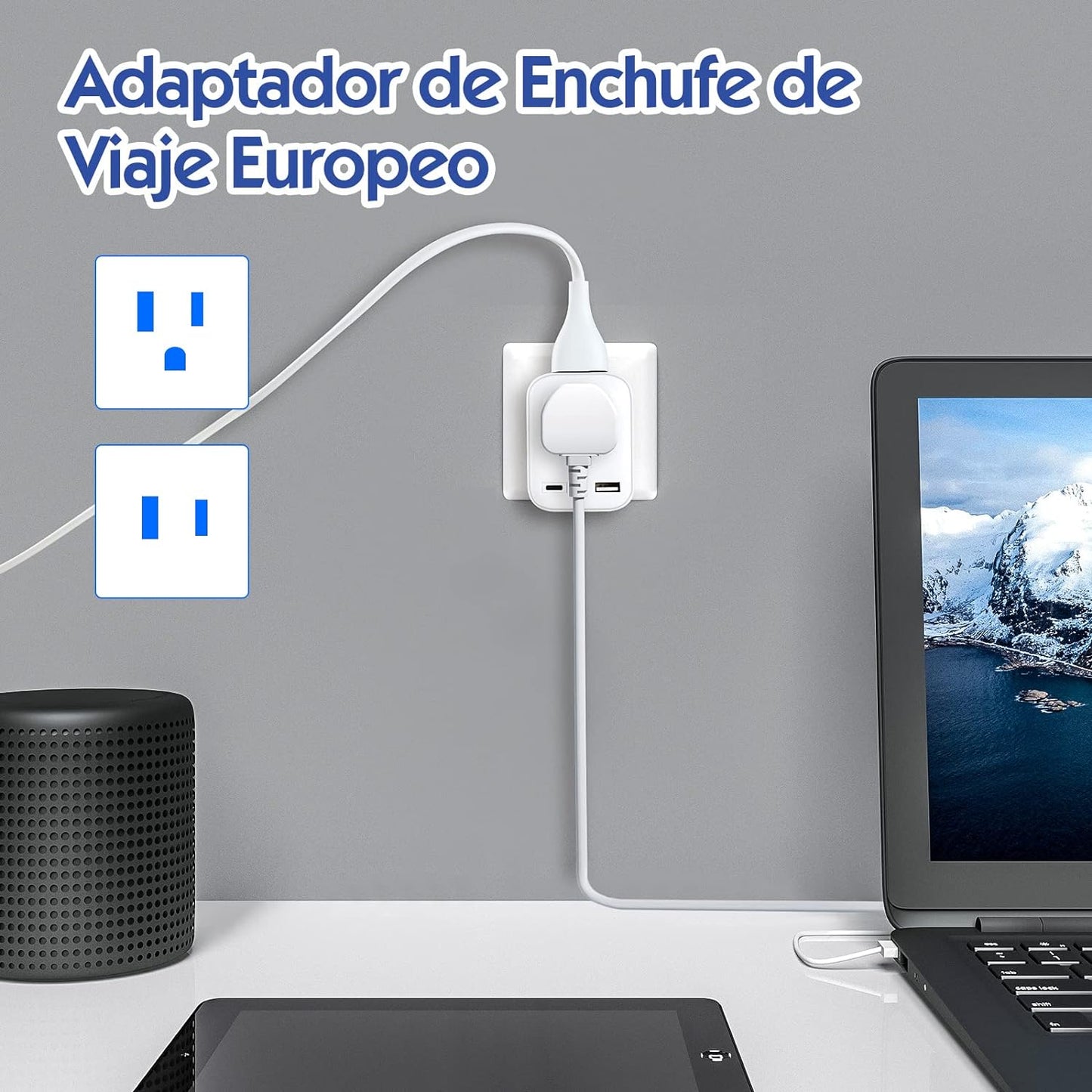 Adaptador de Enchufe Europeo, Cargador de Viaje con Puerto Tipo C y USB, Adaptador Americano a Europeo de Salidas CA por UE, España, Alemania, Francia (Tipo C + USB - Europa)