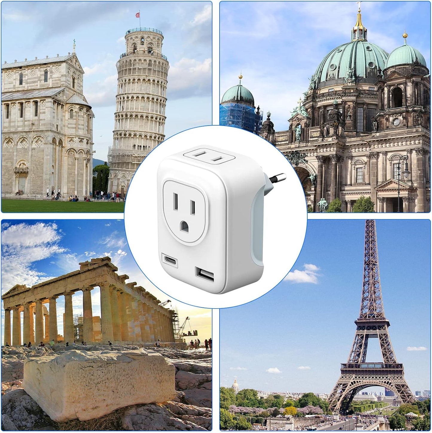 Adaptador de Enchufe Europeo, Cargador de Viaje con Puerto Tipo C y USB, Adaptador Americano a Europeo de Salidas CA por UE, España, Alemania, Francia (Tipo C + USB - Europa)