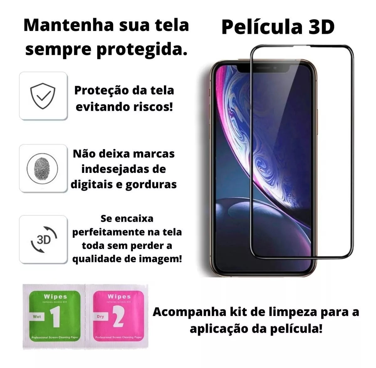 Pacote com 50 unidades Vidro Temperado 9D para iPhone Marcas Atacado