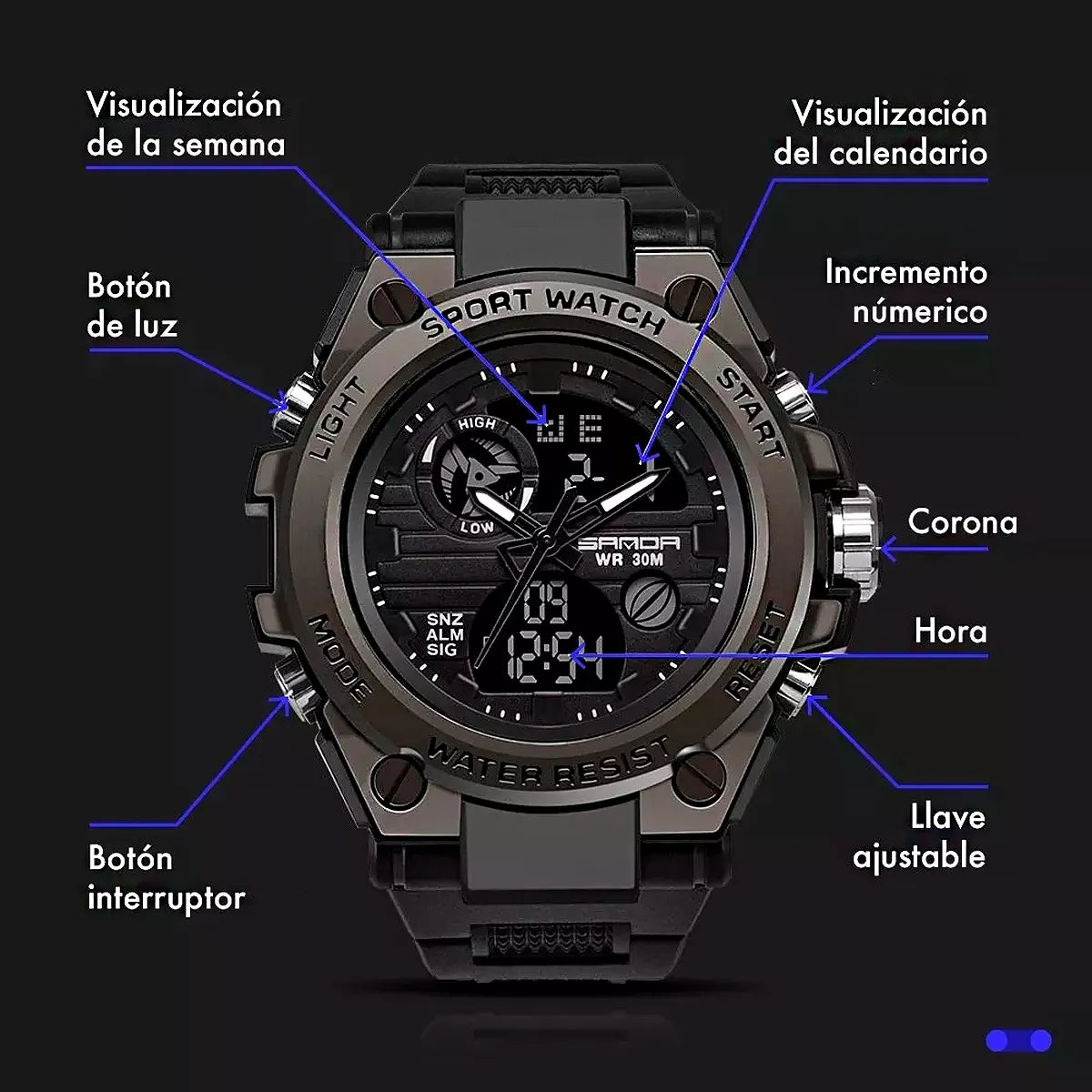 3 Eccdo 111 Relógios de pulso de corpo preto, analógico-digital, para homens, submostradores pretos e cinza, azul claro e fivela simples atacado