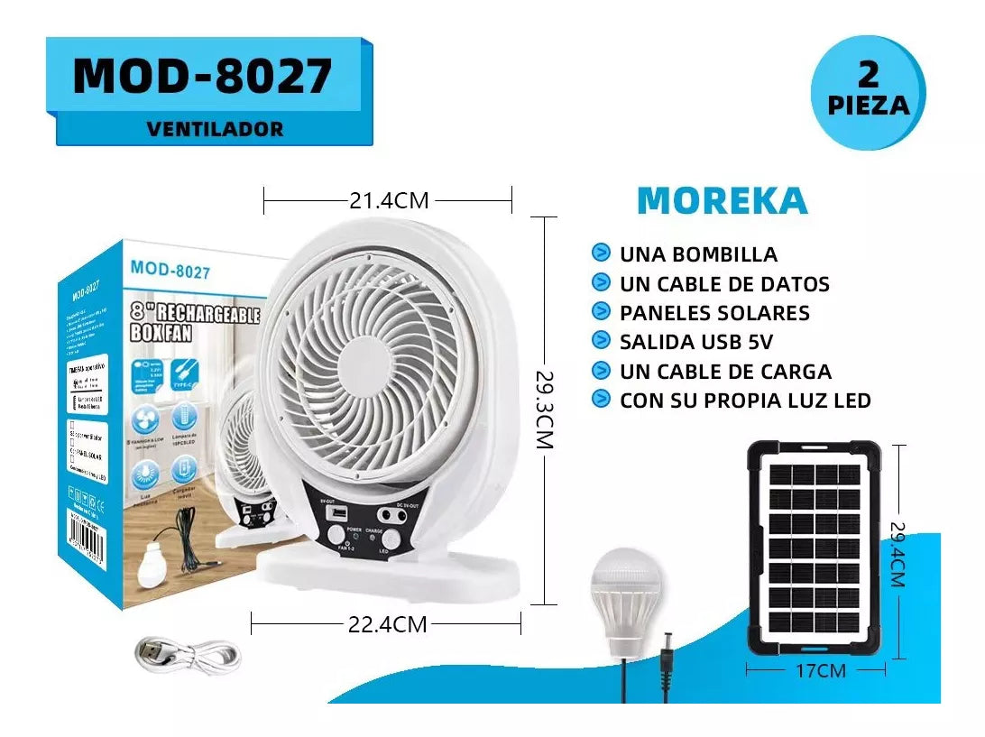 Ventilador Con Panel Solar Recargable Luce Led