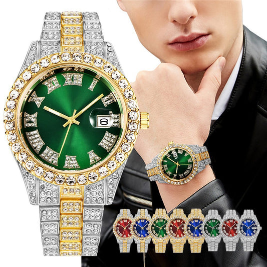 9pcs Quartz Watches with Date with Diamond Design Round Pointer Deimitation, Hip Hop Roman Scale with Diamonds, Wholesale
